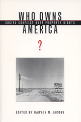 cover of Who Owns America is white with black and red lettering and features and black and white photo of a deserted country road.
