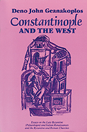 the cover of the Geanakoplos book is lilac colored with an illustaion of a ruler and an ancient city.