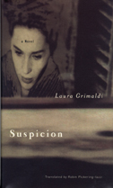 cover of Grimaldi is a moody green with a woman's face hauntingly gazing from the upper left