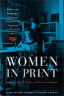 the cover of Women in Print is a blue toned photo of two women reading in what looks like an editorial office.