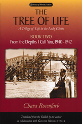 cover of Rosenfarb's second book in the Tree of Life series has the same sepia photo of a bridge in the Lodz ghetto, but the background color on this book is a fire-like red rising to yellow