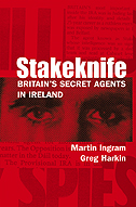 cover of Stakeknife is red, with a man's eyes looking through a slat in the cover collage