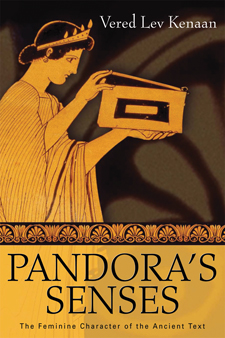 The cover of Pandora's Senses is a golden brown, with an illustration typical of Greek pottery of Pandora opening a box.