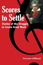 The cover of Scores to Settle is red, with a black clef and an inset photo of a famous composer.