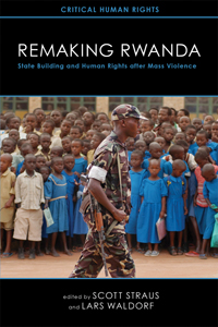 The cover of Remaking Rwanda is black, with a photo of a soldier in front of a group of schoolchildren.
