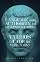 Language and Authority in De Lingua Latina: book cover showing stone carving of man's head. The image is tinted blue. The title text is written in white font across the face of the bust.