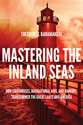 Mastering the Inland Seas: cover art of a light house by the shore. The entire image is tinted a dark, ominous red.