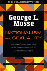 Nationalism and Sexuality: Illustration of a geometric mosaic consisting of various red, orange, yellow, and gray pieces. In the center, a large black rectangle contains the title and author text.