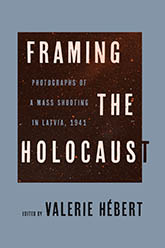 Framing the Holocaust: In portrait orientation, a black background dotted with dim red displays the title in white all caps. A blue frame with the author name to the bottom surrounds the black box.