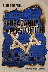 Propaganda and Persecution: a dark blue newspaper emerges from a piece of burnt brown paper. A star of david sits in the center of the page, with burnt, jaged edges.