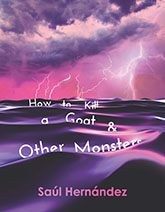 How to Kill a Goat & Other Monsters: cover depicting purple waves beneath a stormy pink sky, flashes of lightning hitting the water. The title text floats among the waves, partially obscured.