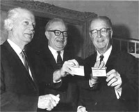 Robert M. Ball, center, was US Commissioner of Social Security when Medicare was enacted in 1965. He is shown above holding one of the first Medicare cards, along with Rep. Cecil King, left, and Sen. Clinton Anderson, right, chief sponsors of the legislation.