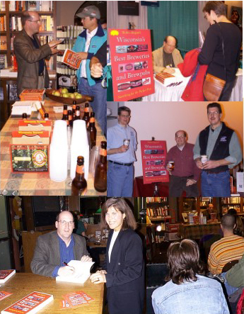 this image is a large collage of several photos. From the upper left: Robin talks with a book buyer, signs his book for a fan, samples some brew, signs another book for a happy book buyer, and lastly reads from his book at an event.