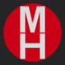 this logo is a grey square with a red circle within. Two letters, M and H are superimposed one above the other in the circle.