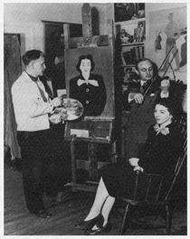 Photo of Milton Avery painting Annette Kaufman's portrait, Louis Kaufman in background