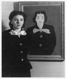 Photo of Annette next to her portrait