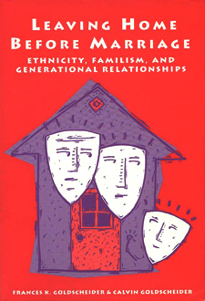 Goldscheider's book is red with a child-like drawing of a house, and three simplified of which appears to be leavingfaces, the smallest