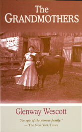 the cover of The Grandmothers is dominated by a sepia toned photo of a woman in pioneer dress tending a cow.