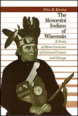 the cover of Keesing's book is white, with a striped background of various shades of red. Illustrated is an important Menomini man with a feathered headband, beaded belt, and various other accounterments.