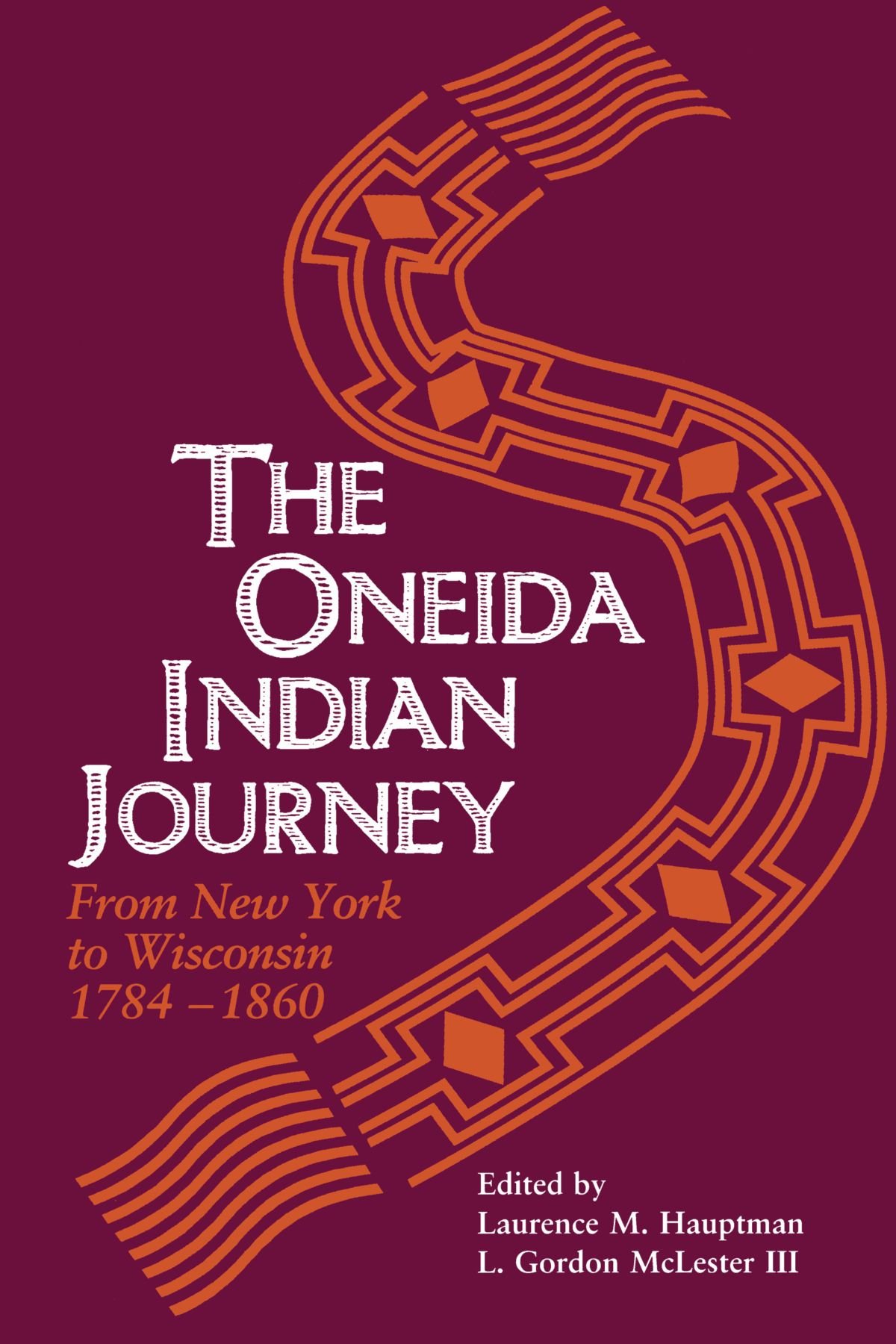 cover of The Oneida Indian Journey is purple, with a gold yellow Native American design element. It is a long narrow element, with diamond shapes enclosed by squares. The ends of the shape appear to be fringed.