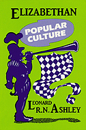 Cover of Elizabethan Popular Culture is lime green with a purple illustration of cartoon character with a trumpet.