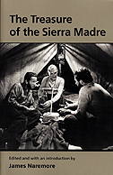 the cover of the Treasure of the Sierra Madre is brown, with a black and white photo from the film of the three prospectors in a tent at night.