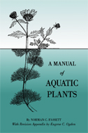 the cover of Fassett's book is a two tier blend of green, representing the dual nature of aquatic plants, with one of the illustrations of a plant from the book.