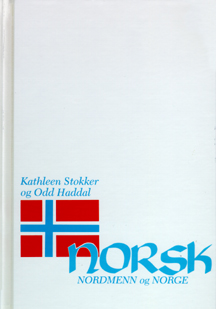 the cover of Norsk, nordmenn, og Norge is white, with a Norwegian flag in red and blue and the title info in blue