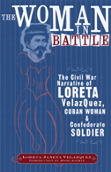 The cover of Velazquez's book is blue, with an illustration of Velazquez in Civil War drag, with mustache. The bottom of the figure is a vague representation of a woman's body clothed in a dress.