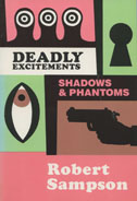 Cover of book is pink, green and brown with illustrations of a keyhole, hand with gun and an eye.