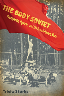 Cover of book has black and white image of people in the background with a red flag with yellow writing.