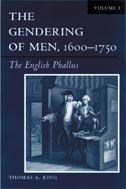 The cover of The Gendering of Men, Volume 1 is blue in tone. There is an old illustration of two 18th century men in a pub.