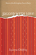 The  cover of Jagged with Love is divided into thirds, the top third is beige, with the title in white, the bottom 2/3s is an orange fabric design, with a torn edge
