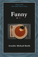 cover of Funny is a dark blue, with a photo of a bowl of soup in the center. The soup is seen from above, it looks like tomato soup, and it has a dollop of cream and a sprig of parsley on it.