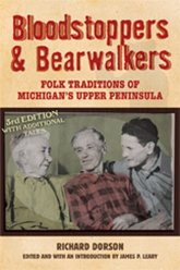 Bloodstoppers and Bearwalkers:  a cream colored book cover, with a posterized grainy photo of three older men, and some block style type.