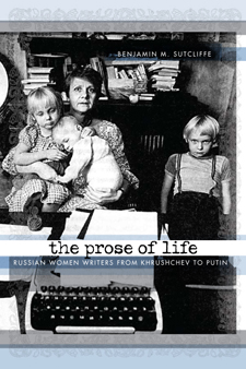The cover of Sutcliffe's book is a black and white photo of a woman before a typewriter, surrounded and pinned down by kids.