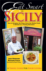 The cover of Eat Smart in Sicily is black with a collage of food images.