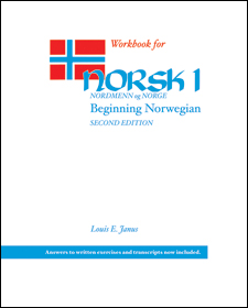 Cover of book is white with a Norwegian flag and red and blue writing.
