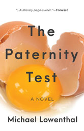 The Paternity Test: cover art of an egg shell broken into two pieces, the egg yoke and whites resting between the pieces. The background is completely white.