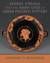 Athens, Etruria, and the Many Lives of Greek Figured Pottery: cover depicting a gray background upon which rests an ancient Greek ceramic painted black and orange, with a person and a vase painted in the center. The author text is written in dark gray on top of an orange strip that matches the ceramic at the bottom of the page.