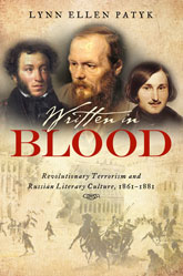 Written in Blood: Cover showing painted portraits of three men, one with dark, curly hair and mutton chops, one with a receding hairline and light brown hair and a full beard, and one with long, dark brown hair and a small mustache. These three paintings are cropped and slightly overlap each other. Behind them, the background resembles aged paper. The bottom half of the cover has a faded painting of an explosion creating chaos on a street, a horse-drawn carriage tipping over as the horses jump.