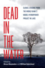 Dead in the Water: Cover showing a barren tree resting in the middle of a lake, a vast, cloudy sky rolling behind it.  The clouds and background are grayscale, while the tree and lake are spot colored. The title text is written in a contrasting red, with the bottom of the word 'water' sinking into the lake.