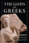 The Gods of the Greeks: Cover showing a terracotta relief of Aphrodite Pandemos holding a goat. The relief is superimposed over a black background. The title text is proclaimed in stark white text, contrasting with the black background, placed above the relief.