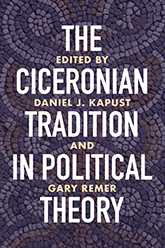 The Ciceronian Tradition in Political Theory: Bold white text on a background image of purple, spiral mosaic.