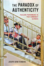 The Paradox of Authenticity: cover depicting three people in traditional slovakian dress sitting on a staircase, the title text floating above the railing.
