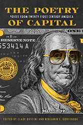 The Poetry of Capital: A black, gray, and gold illustration of a one hundred dollar bill, cropped to focus on Benjamin Franklin, wearing gold sunglasses and a gold scarf.