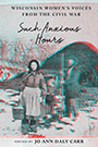 Such Anxious Hours: Cover showing a man, woman, and child, all wearing old-fashioned, prairie outfits, standing outdoors in the snow. The photo is overlaid with a red and a blue layer, giving it the style of a 3-D movie.
