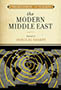 Understanding and Teaching the Modern Middle East: Cover showing a world map in which the land is black and the water is gray, with a pattern of repeating yellow circles, resembling sonar, emerging from the center of the map. Above the map is a manilla block containing the title and editor text.