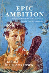 Epic Ambition: a blue cover with a painting of a man holding a club, the painting flaking from age. The man, Hercules, is looking off page intensely. The image is soft, without harsh lines.