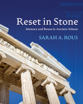 Reset in Stone: Cover of a photograph of an Athenian ruin with tall white pillars taken from below, looking up towards the ruins and the sky. On the right side of the image, there is a faint blue outline of a pillar going up the side of the page.